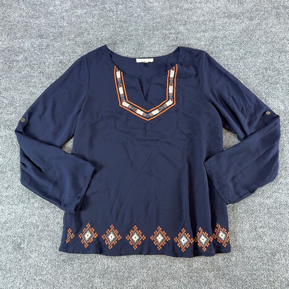 Skies Are Blue Navy Blue Embroidered V-Neck Blouse Boho Long Sleeve Small